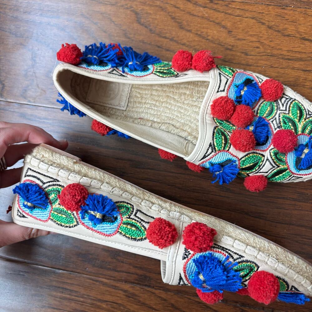 Tory Burch Ellis Pom-pom Embroidered Leather Textile Espadrille Flats Size 8 - Picture 9 of 13